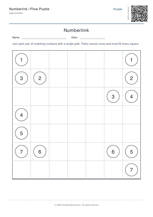 Free printable numberlink flow puzzle — 7x7 — PDF download