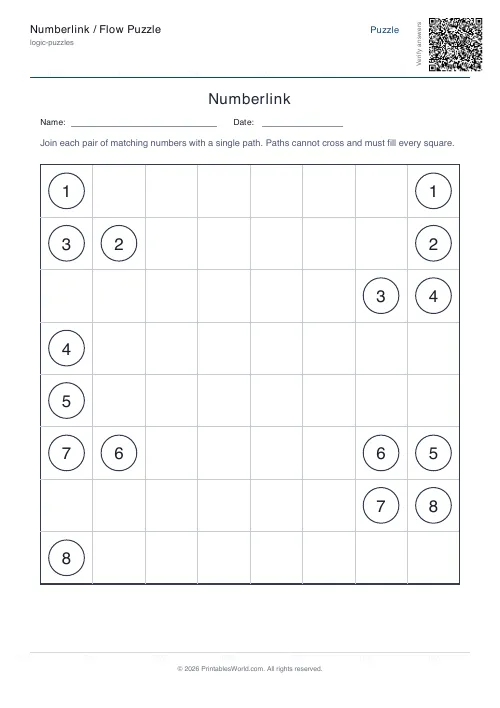 Free printable numberlink flow puzzle — 8x8 — PDF download