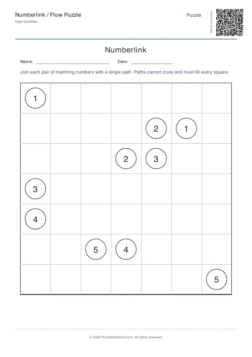 Free printable numberlink flow puzzle — Easy, with answer key — PDF download