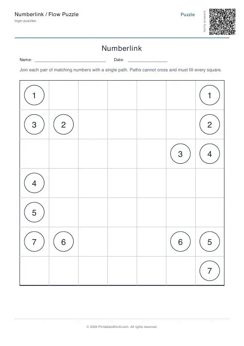 Free printable numberlink flow puzzle — Medium, with answer key — PDF download