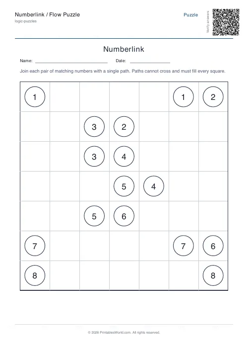 Free printable numberlink flow puzzle — Hard, with answer key — PDF download