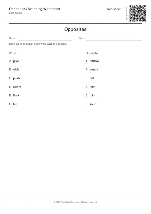 Free printable opposites matching worksheet — 6 pairs — PDF download
