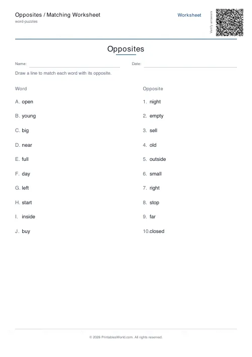 Free printable opposites matching worksheet — US Letter, with answer key — PDF download
