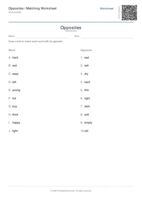 Free printable opposites matching worksheet — 10 pairs, with answer key — PDF download