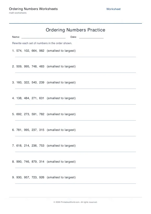 Free printable ordering numbers worksheet — 3-digit, with answer key — PDF download