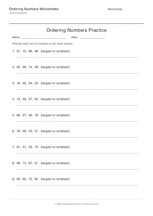 Free printable ordering numbers worksheet — Descending — PDF download