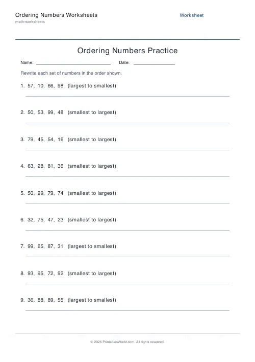 Free printable ordering numbers worksheet — Mixed — PDF download