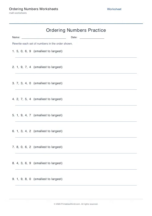 Free printable ordering numbers worksheet — 1-digit — PDF download