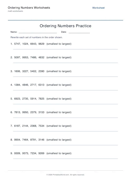 Free printable ordering numbers worksheet — 4-digit — PDF download