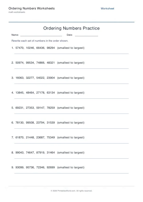 Free printable ordering numbers worksheet — 5-digit — PDF download