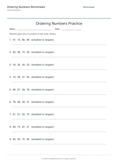 Free printable ordering numbers worksheet — Ascending, with answer key — PDF download