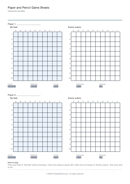 Free printable paper and pencil game sheet (Battleship), PDF download