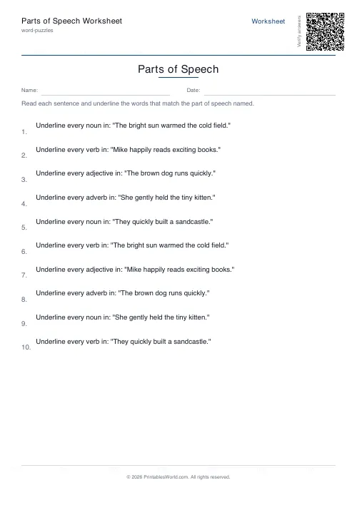 Free printable parts of speech worksheet — 10 sentences — PDF download