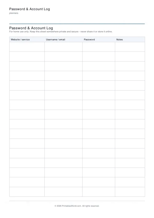 Free printable password & account log — With notes — PDF download