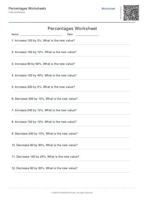 Free printable percentages worksheet — Percent change, with answer key — PDF download