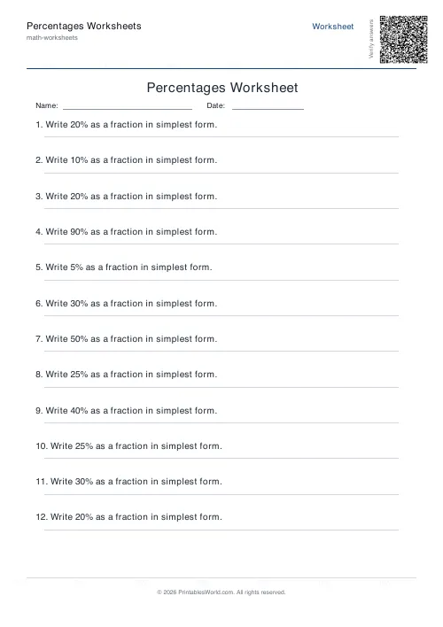 Free printable percentages worksheet — Percent to fraction, with answer key — PDF download