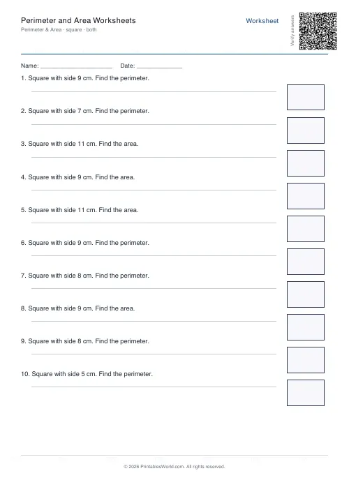 Free printable perimeter and area worksheet — Square, with answer key — PDF download