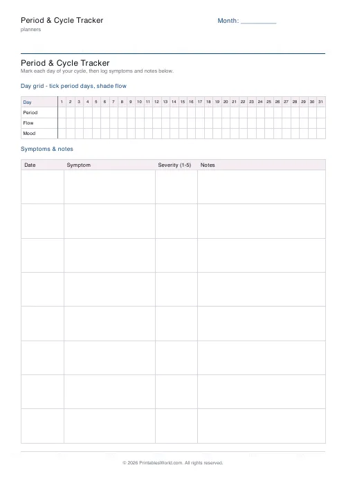 Free printable period cycle tracker — 8 rows — PDF download