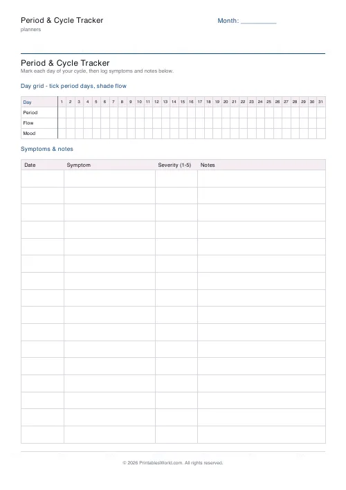 Free printable period cycle tracker — 16 rows — PDF download
