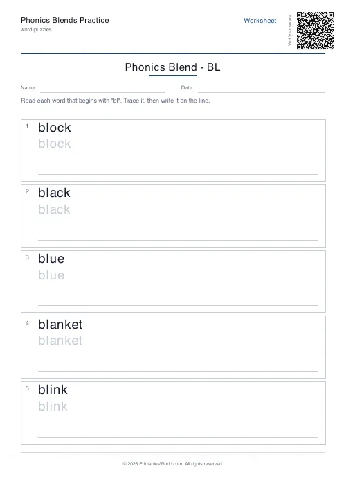 Free printable phonics blends practice — bl — PDF download