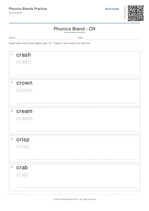 Free printable phonics blends practice — cr — PDF download