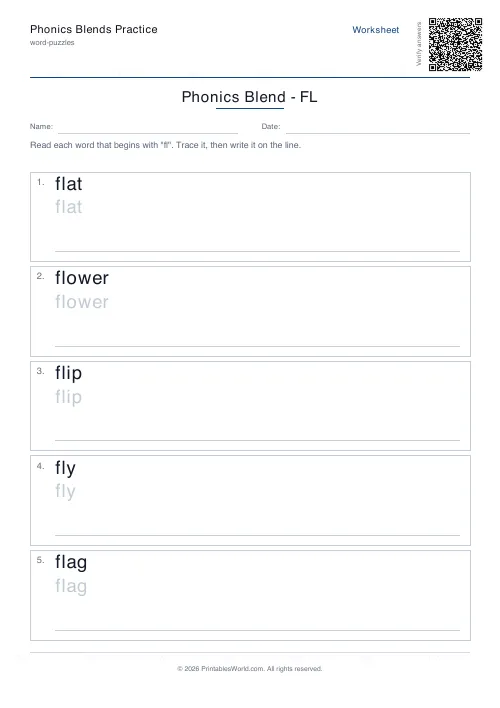 Free printable phonics blends practice — fl — PDF download