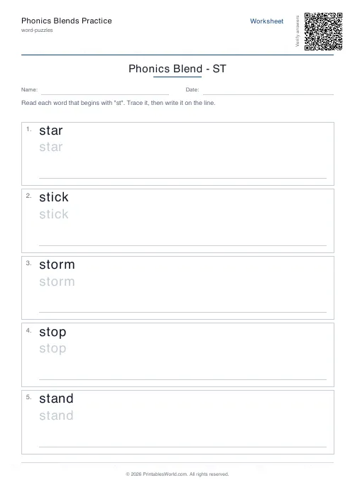 Free printable phonics blends practice — st — PDF download