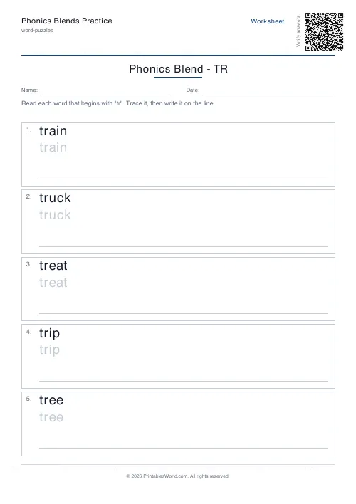 Free printable phonics blends practice — tr — PDF download