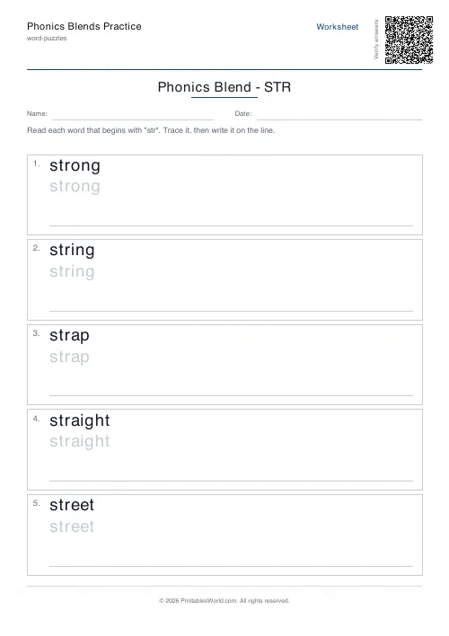 Free printable phonics blends practice — str — PDF download