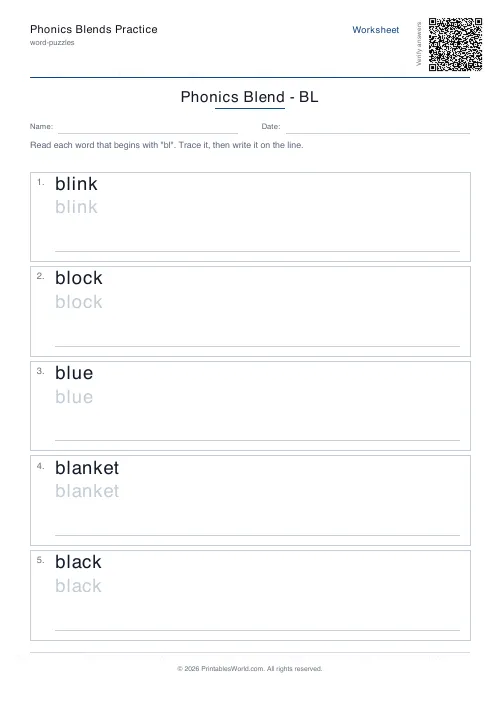 Free printable phonics blends practice — 5 words — PDF download