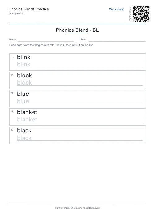 Free printable phonics blends practice — 8 words — PDF download