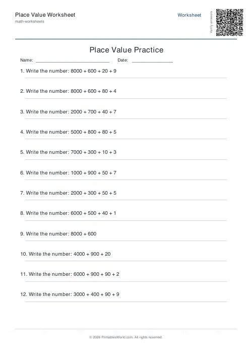 Free printable place value worksheet — Compose number, with answer key — PDF download