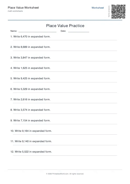 Free printable place value worksheet — Expanded form — PDF download