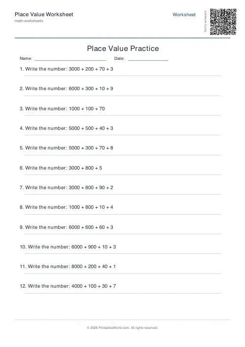Free printable place value worksheet — Compose number — PDF download