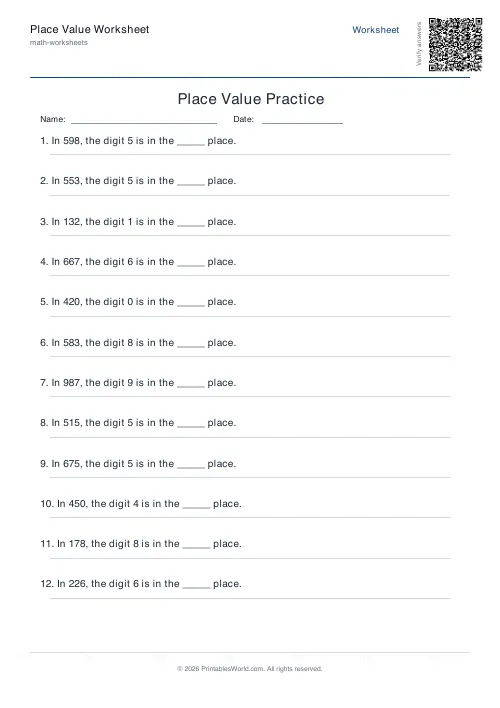 Free printable place value worksheet — 3-digit — PDF download
