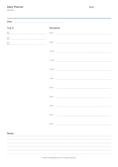 Free printable daily planner — Until 6pm — PDF download