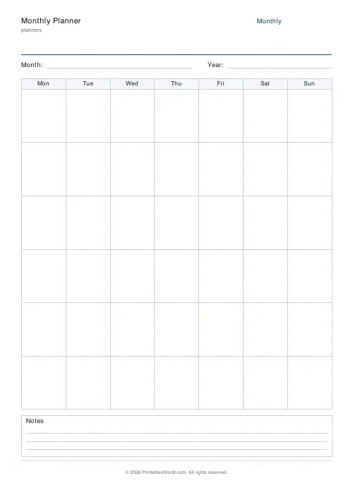 Free printable monthly planner — With notes footer — PDF download
