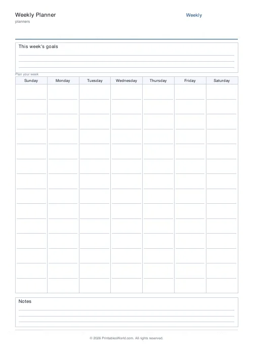 Free printable weekly planner — Sunday start — PDF download