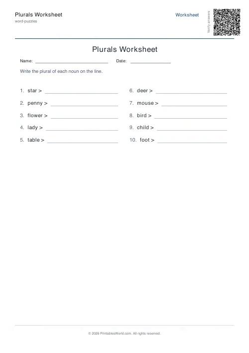 Free printable plurals worksheet — 10 problems — PDF download