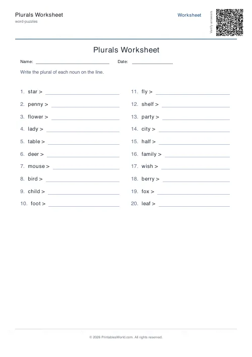 Free printable plurals worksheet — 20 problems — PDF download