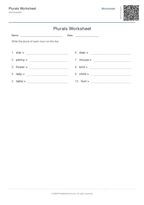 Free printable plurals worksheet — 10 problems, with answer key — PDF download