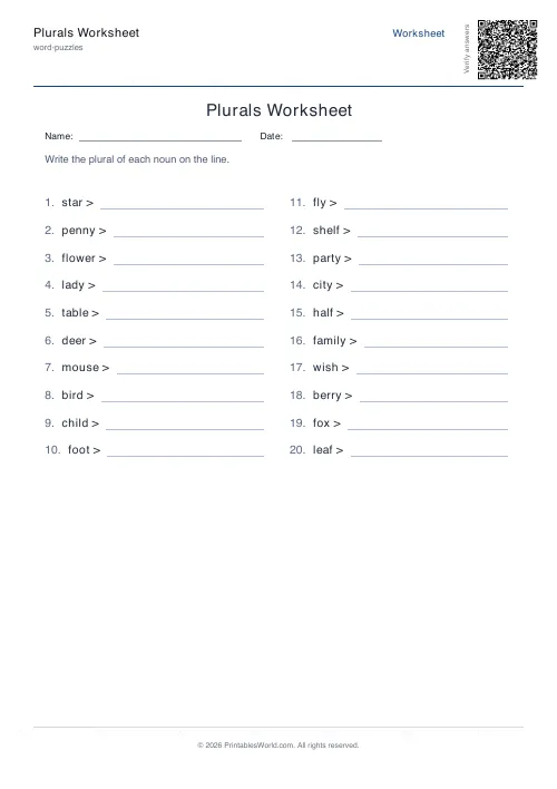 Free printable plurals worksheet — 20 problems, with answer key — PDF download