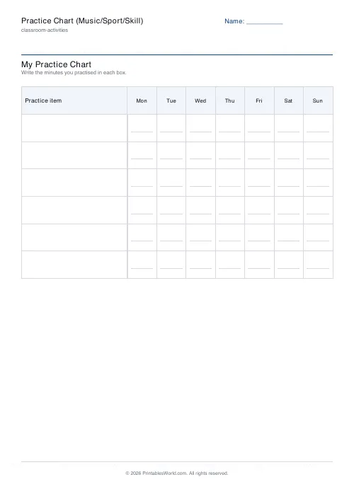 Free printable practice chart — 7 days (week) — PDF download