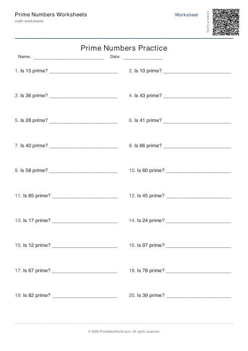 Free printable prime numbers worksheet — 100, with answer key — PDF download