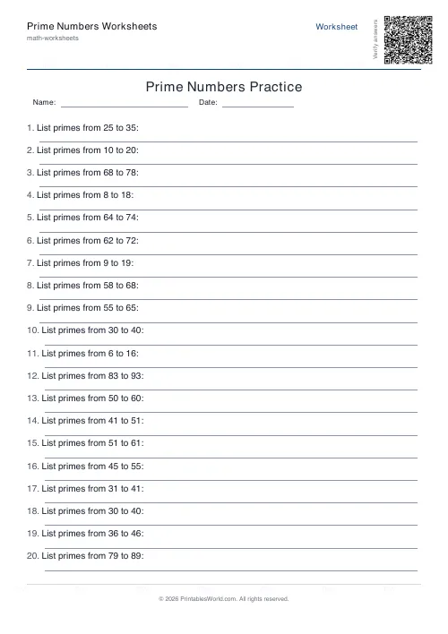 Free printable prime numbers worksheet — List primes in range — PDF download