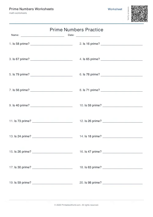Free printable prime numbers worksheet — 100 — PDF download