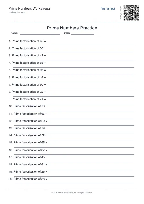 Free printable prime numbers worksheet — Prime factorisation, with answer key — PDF download