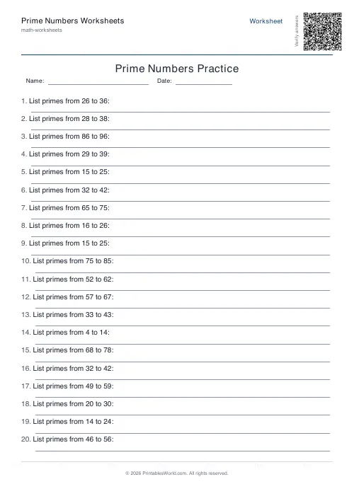 Free printable prime numbers worksheet — List primes in range, with answer key — PDF download