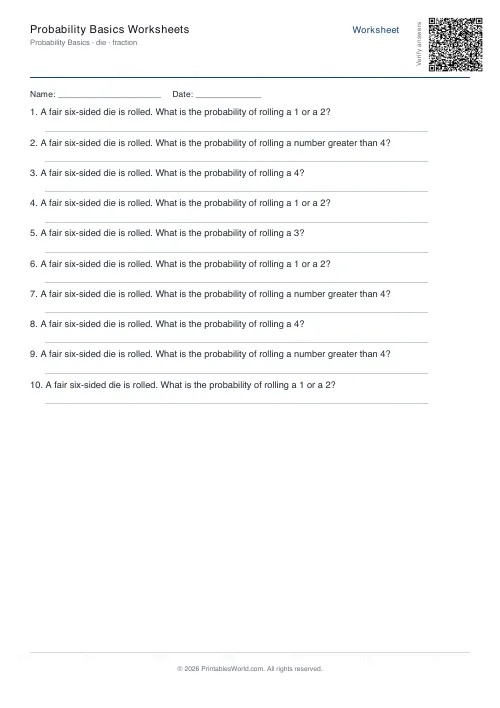Free printable basic probability worksheet — Die, with answer key — PDF download
