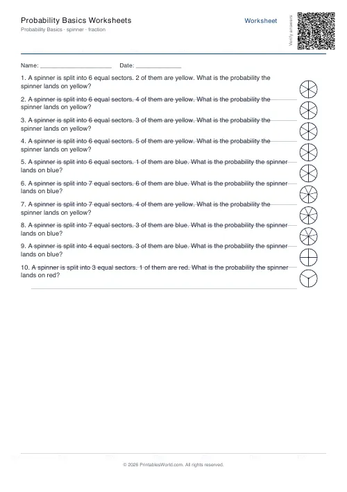 Free printable basic probability worksheet — Spinner, with answer key — PDF download